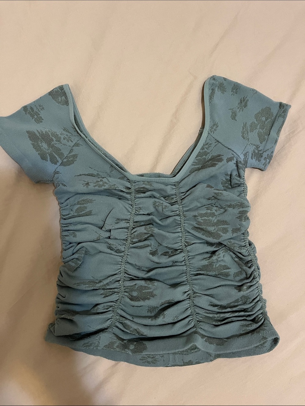 Free People Slate Blue Floral Ruched Scoop Crop Top - Picture 1 of 2